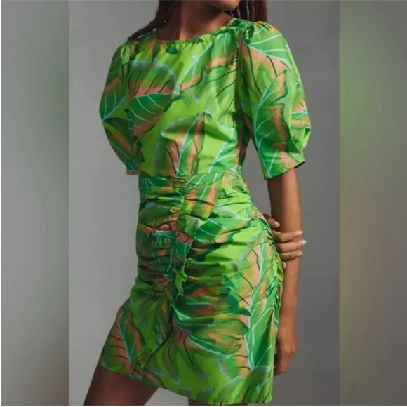 FARM Rio x Anthropologie Puff Sleeve Mini Dress Lime Green Palm Tropical NEW XL - Picture 3 of 13